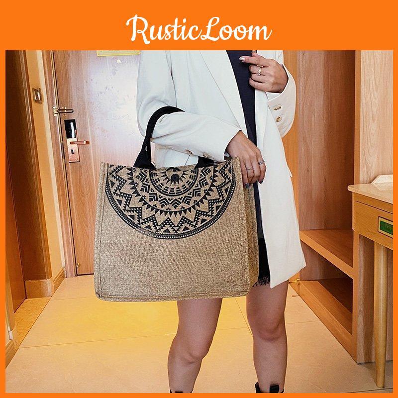 Flax Tote Printed Bag For Women Large Capacity Shoulder Bag With Casual Commuter