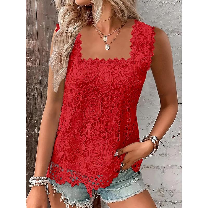 Summer New Square Collar Lace Sleeveless White Casual Blouses Women Tops Elegant Solid Plus Size Shirts for Women Fashion Vintage Loose Shirt 26047