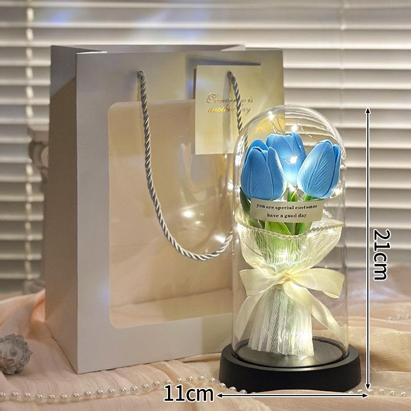Artificial Flower Tulip Eternal Rose Flower LED Light Foil Flower in Glass Cover Simulation Tulip Flower Christmas Wedding Gifts