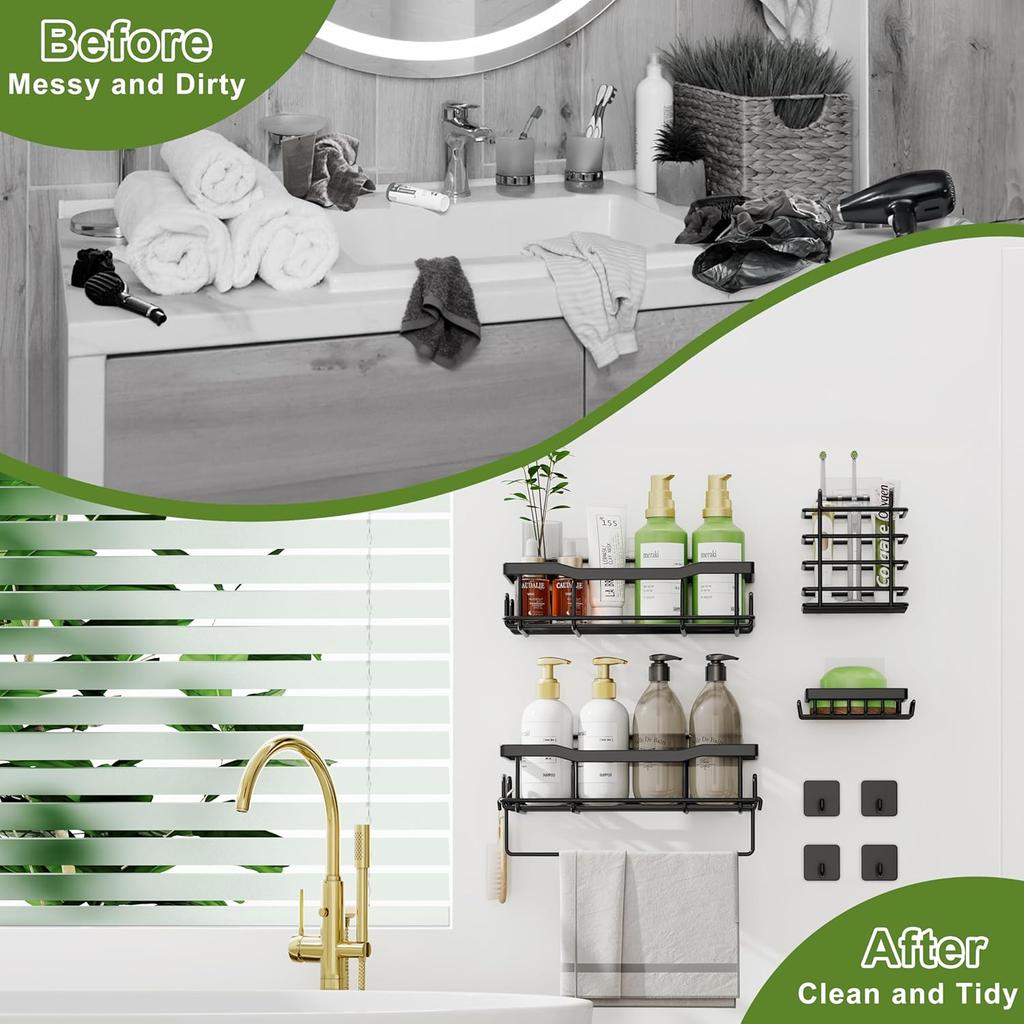 Shower Caddy, Adhesive Shower Organizers Large Capacity Stainless Steel, Drill-Free Shower Shelves for Inside Shower with Hooks SC01-2