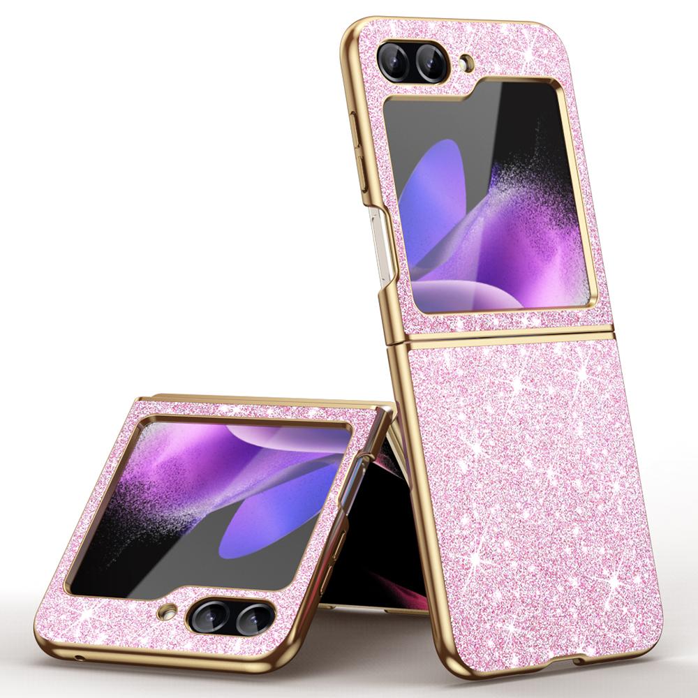 

For Samsung Galaxy Z Flip5 5G Case Electroplated Design Glitter Leather+PC Phone Cover Pink