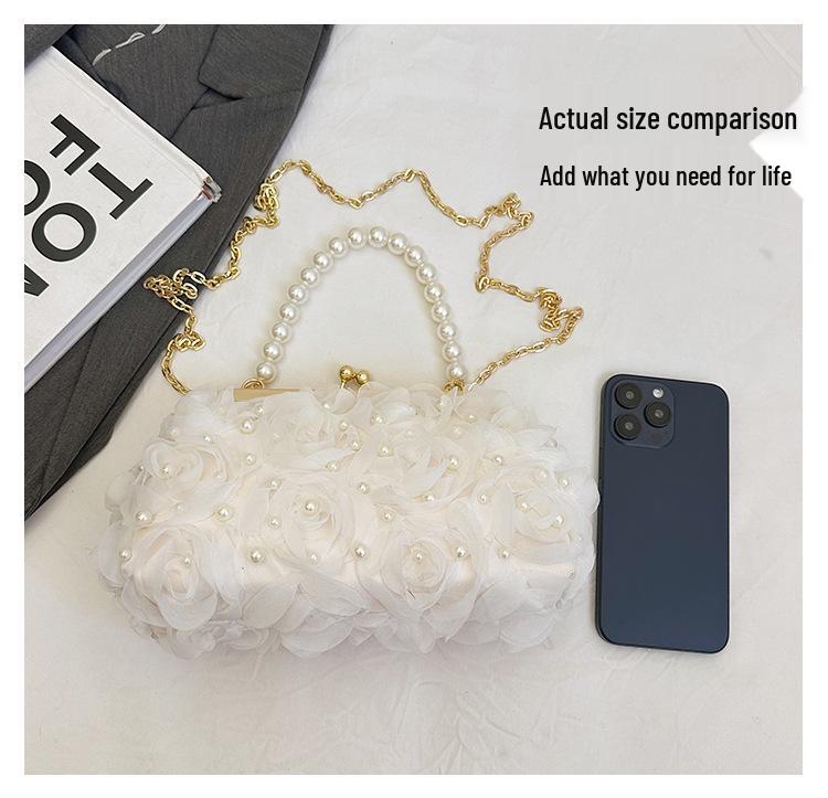 Women's Spring 2025 Pearl Evening Bag with Floral Design and Chain Strap