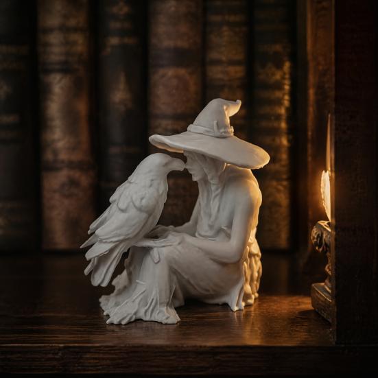 Vintage Style Witch Statue 3D Printed Statue, Gothic And Raven Sculpture, Indoor Outdoor Halloween Mystical Figurine for Home Desktop Shelf