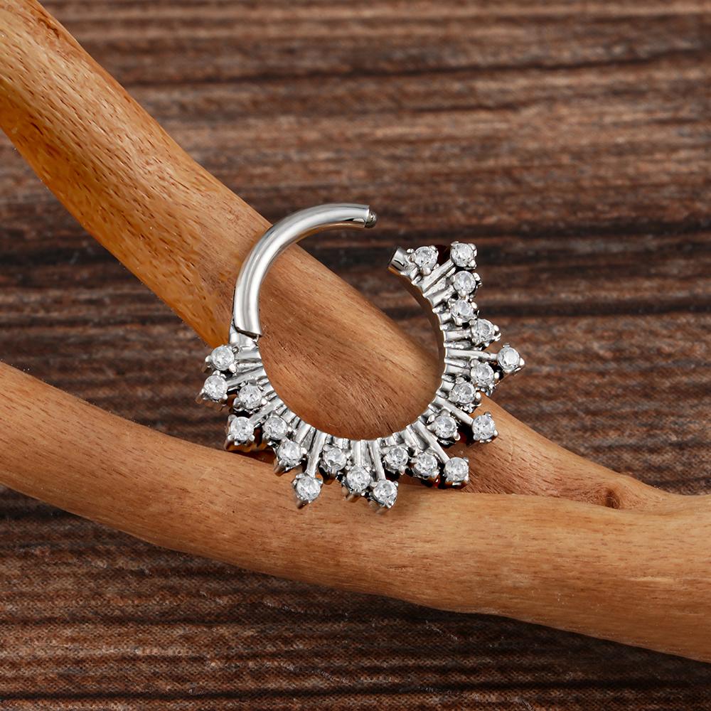 Right Grand ASTM F136 Titanium 16G CZ Hinged Clicker Segment Hoop Ring Sunburst CZ Daith Earring Septem Nose Piercing Jewelry
