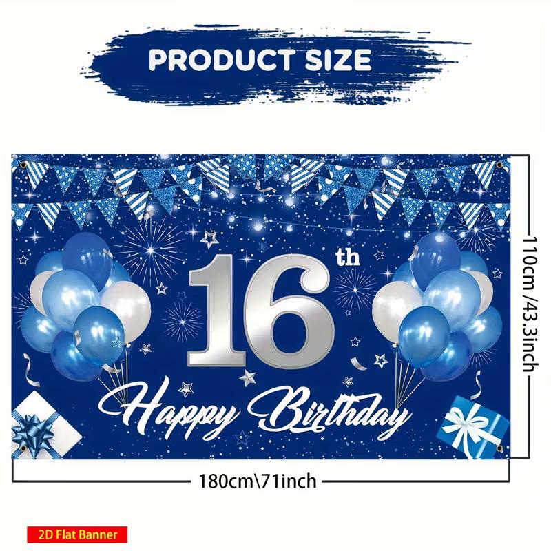 2D Blue & Silver 16th Birthday Backdrop, Glitter Star Themed Photography Background
