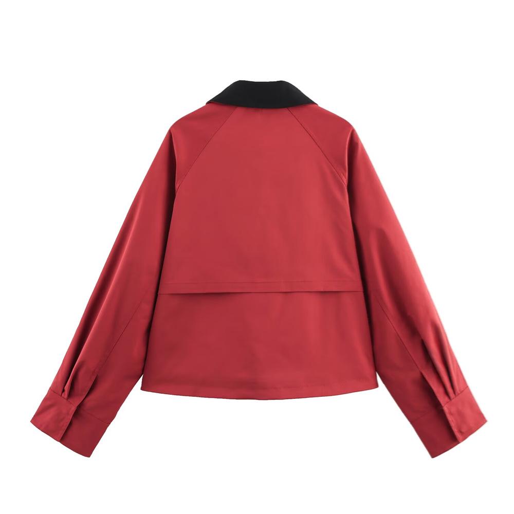 2025 Spring/Summer Women's Slim Fit Patchwork Collar Waxed Leather Jacket