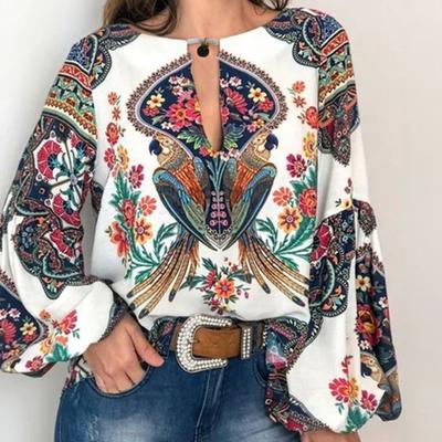 Camisa feminina estampa colorida mangas compridas gola redonda cores ricas retro solto pulôver estilo étnico em torno do pescoço blusa feminina roupas femininas