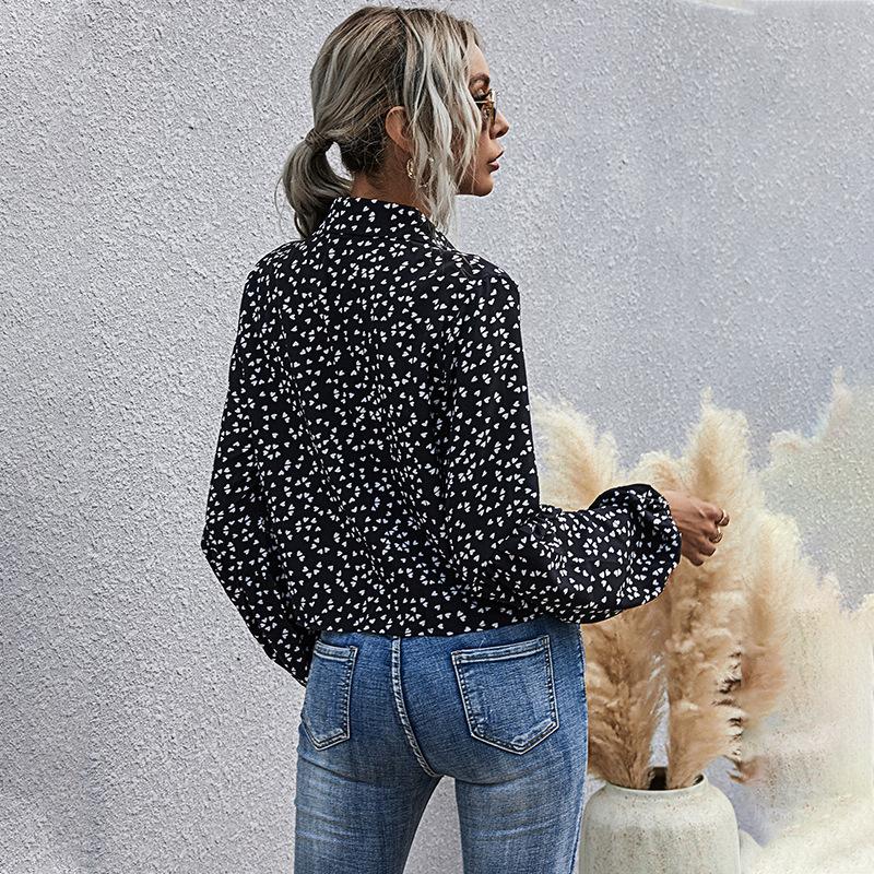 Frauen Frühling Sommer Casual Bluse Shirt Top Puff Hülse Umlegekragen Einreiher Verband Chiffon Liebe Muster Druck Schwarz SML XL