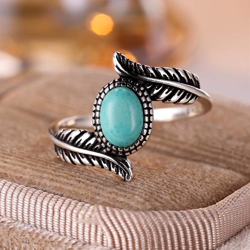 Inele din argint thailandez S925 pentru bărbați, femei, design retro elegant, inel oval lat cu pene turcoaz, bijuterii pentru petrecerea de nuntă