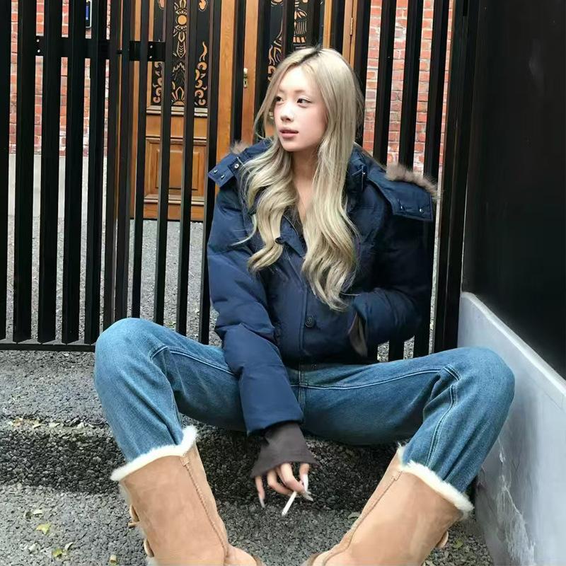 Autumn Winter Women's Fur Hooded Jacket Women Outerwear Thick Down Cotton Padded Slim Short Parkas Female Cropped Puffer Bubble Coat
