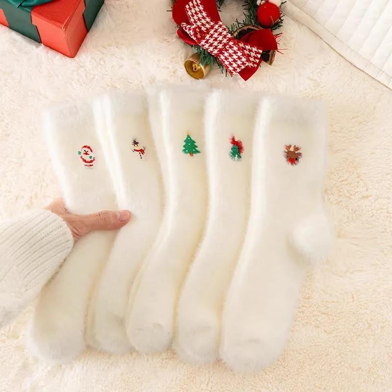 5pairs White Mink Fur Socks Soft Warm Winter Socks Women Christmas Santa Reindeer Snowman Cozy Fuzzy Plush Boot Home Sockings
