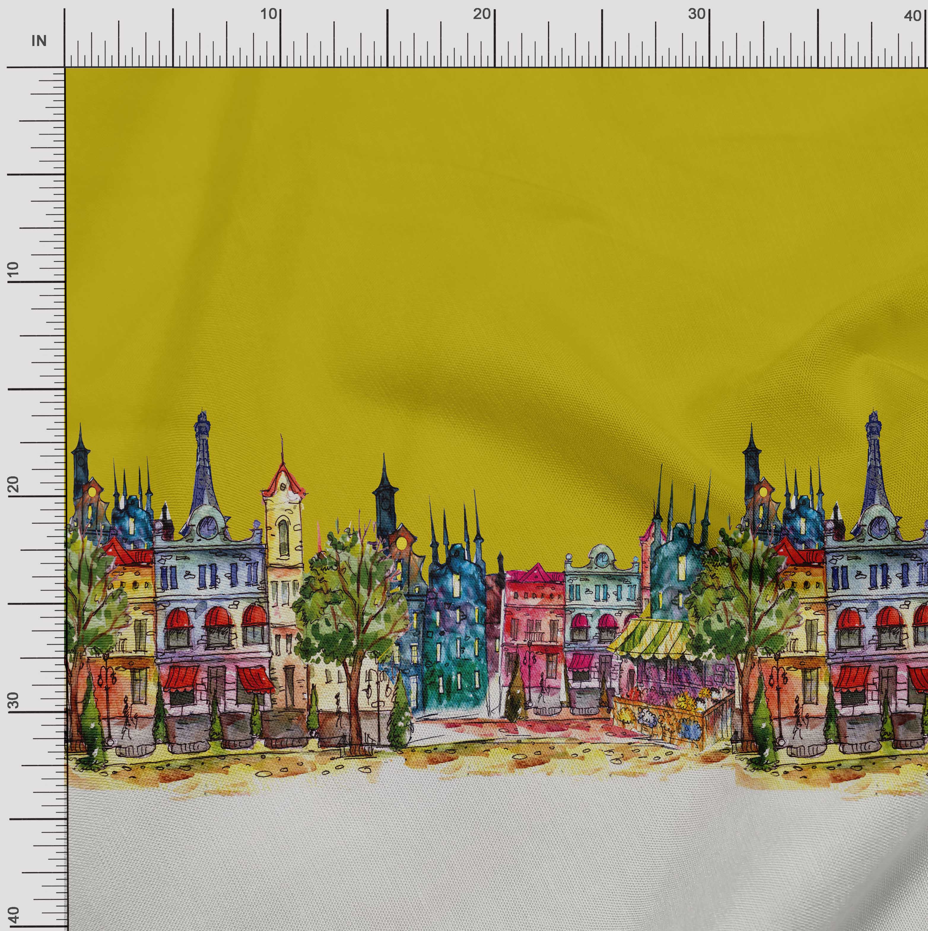 

Тканина Soimoi Японія Креп-сатин Будівлі Панельна тканина Друк на метри 42 дюйми 42 Inch Wide - Poly Crepe жовтий