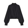 Womens Elegant Sheer Bow Collar Lantern Sleeve Blouse Classic Solid Color Office Wear