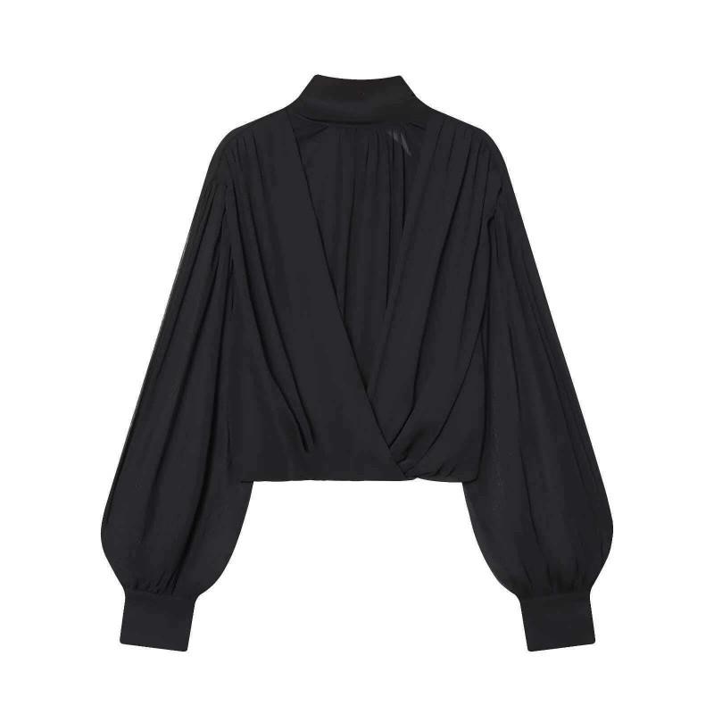Womens Elegant Sheer Bow Collar Lantern Sleeve Blouse Classic Solid Color Office Wear