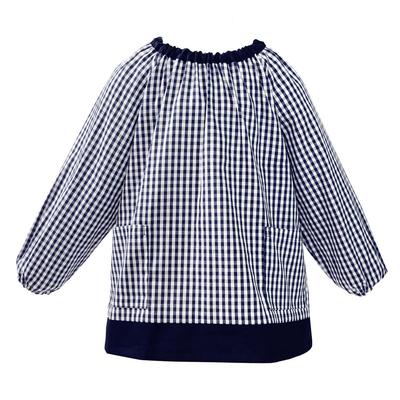 Smock for Boys and for Nursery Long Large Check Navy Blue N1163710 Girls, Children, Kindergarten, School, Sleeves, 100-110cm,