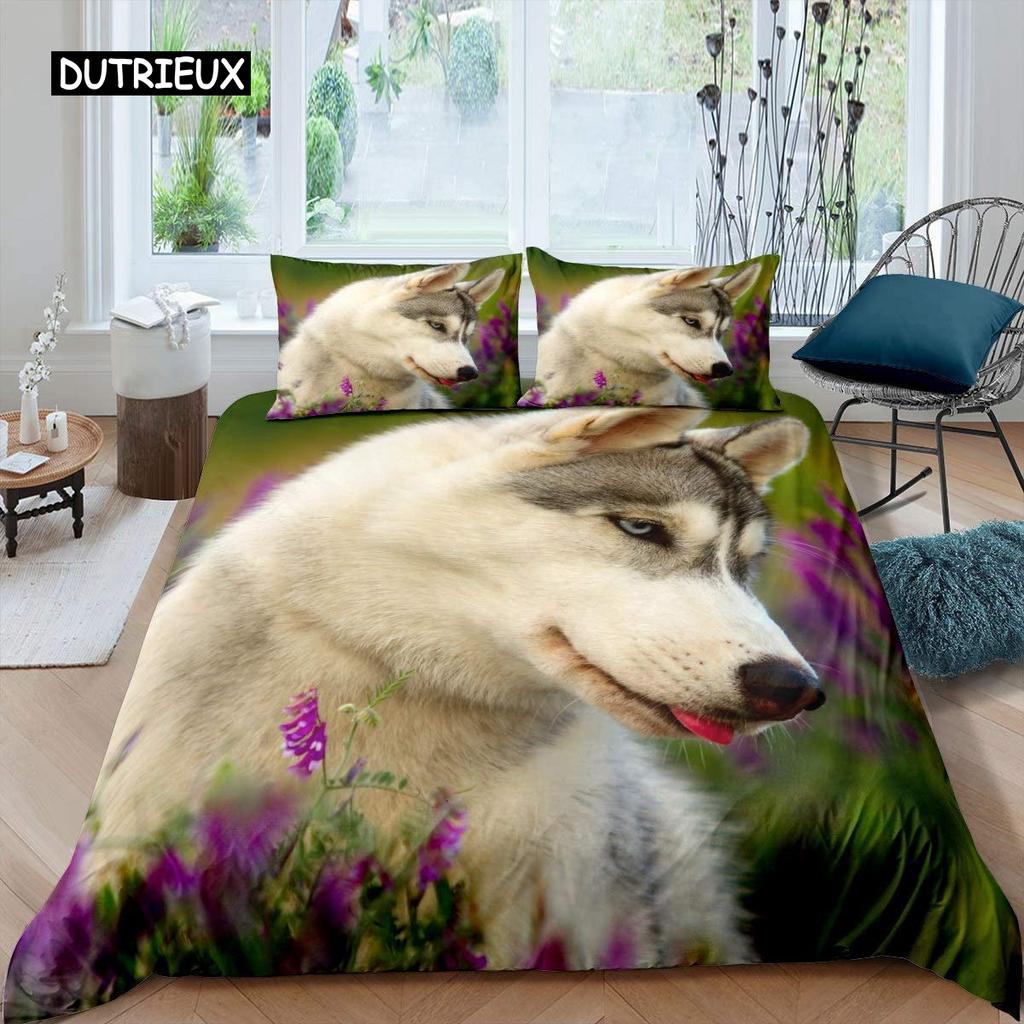 Husky Duvet Cover Puppy Pet Flower Floral Jungle Natural Scenery Cute Animal Bedding Set Polyester Double Queen King Quilt Cover
