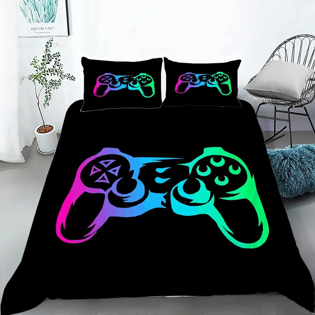 Gaming Bettbezug Set Gamer Zimmer Deko für Jungen Kinder Teenager Videospiele Einzelbettwäsche Set Mikrofaser Gamepad Let's Play Bettdeckenbezug