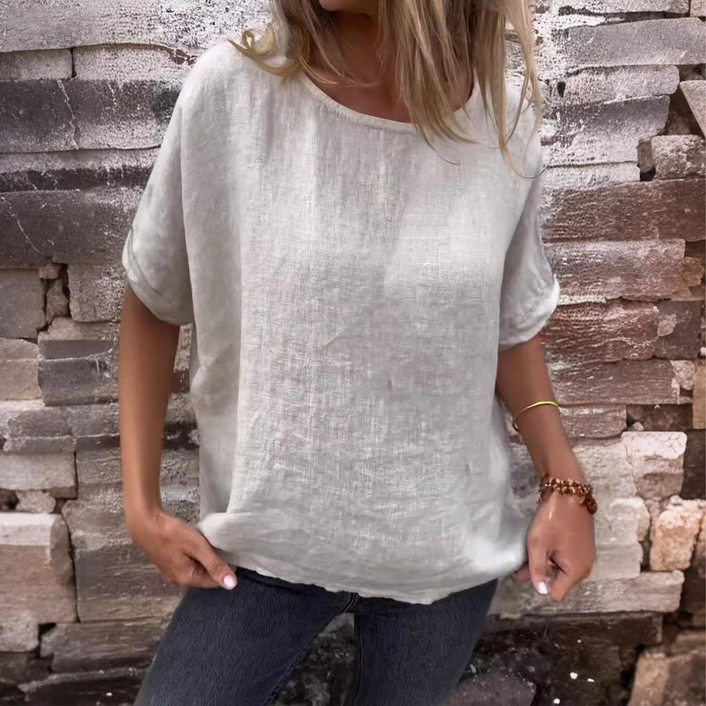 Damen Neu Rundhals Mittellange Ärmel Baumwolle Leinen Locker T-Shirt Top