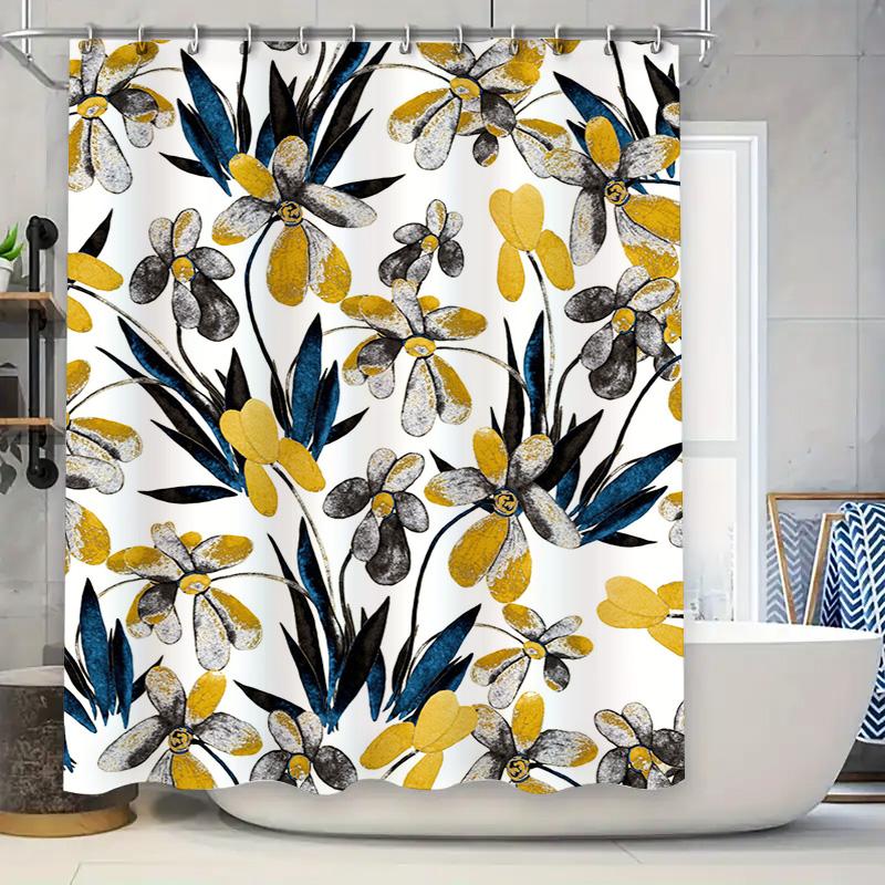

Yellow Black Watercolor Floral Shower Curtain Decor Home Bathroom Accessory Waterproof Fabric For Bathtub, 72 X 84 (S) Extra Lar W60H190(CM)-1 Pcs