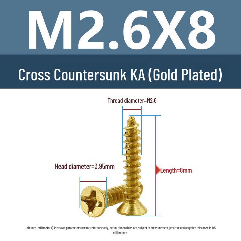 Yigu Gold-Plated Carbon Steel Self-Tapping Screws: Countersunk Head, Flat Head, Pointed Tail, Sizes M2-M4, Ideal for Electronics.
