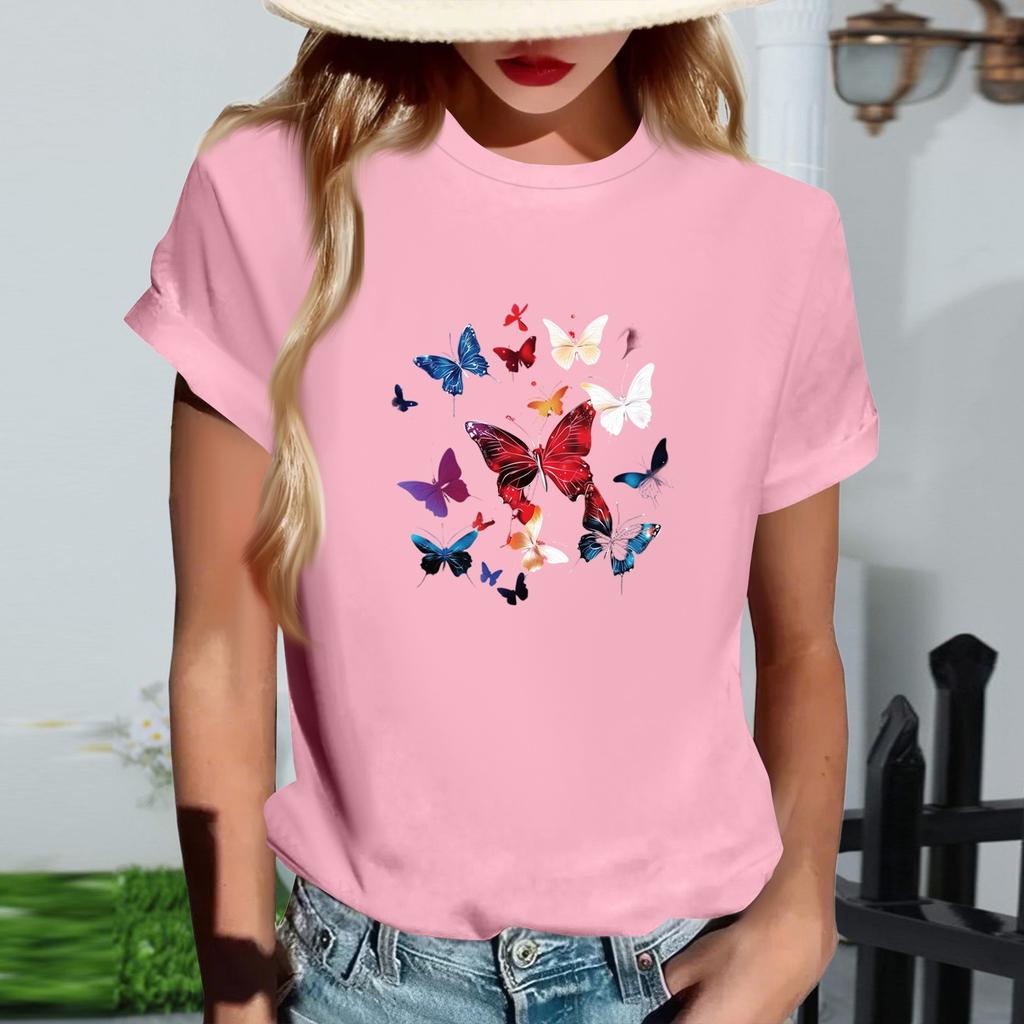 Women's Fashionable Round Neck Casual Retro Print Short Sleeved T-shirt Top