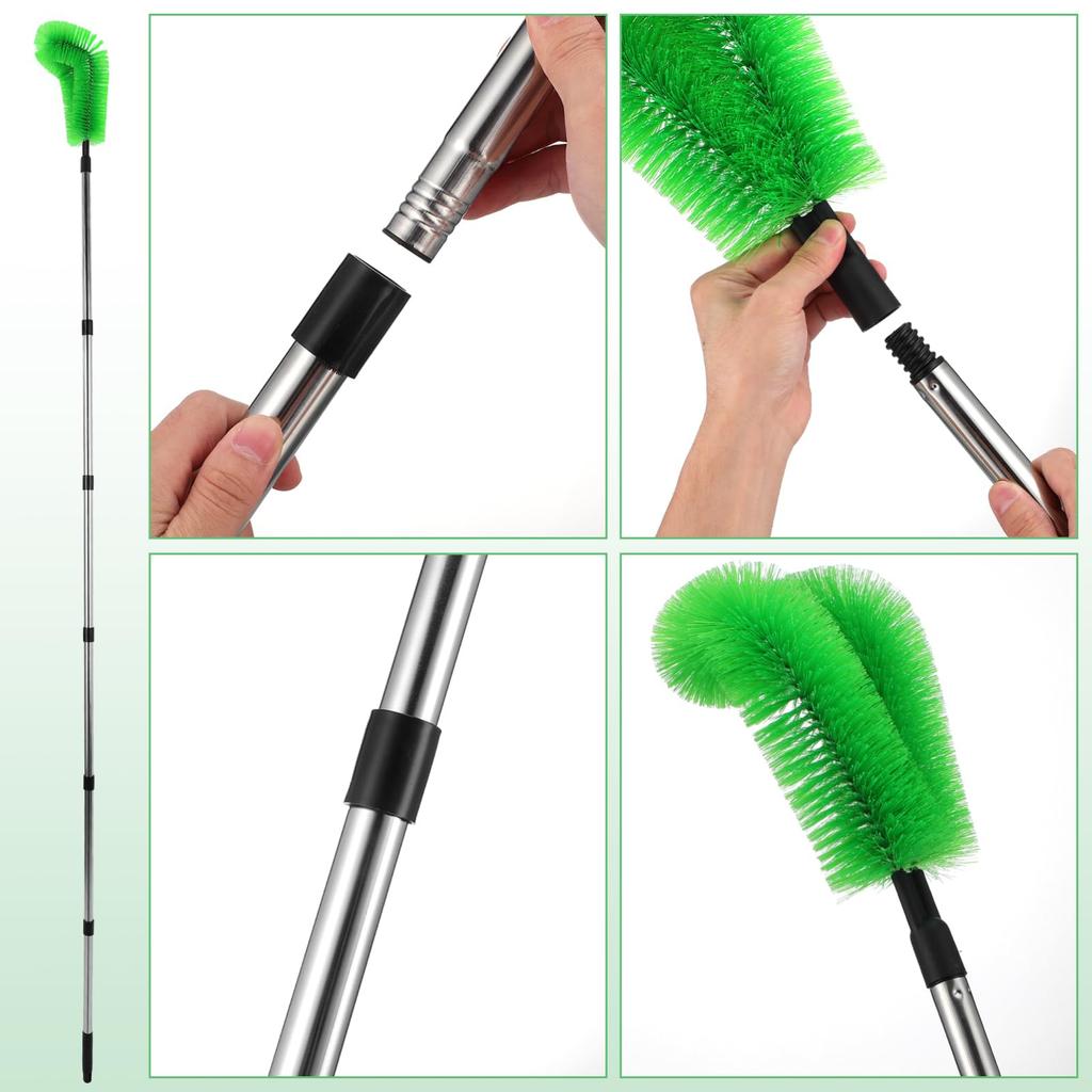 NUOLUX Stainless Steel Gutter Brush, Spider Web Preventer, Cleaner Tool with Telescopic Extension Poles (2 Brushes + 6 Poles), 230cm X 16cm X 8cm