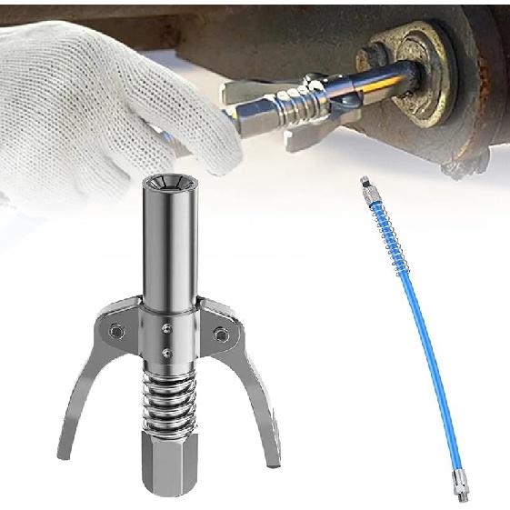Strong Lock on Grease Couplers, High Pressure Grease Gun Coupler - with Spring Flex Hose, Quick Release Grease Coupler, Grease Gun Replacement Tip
