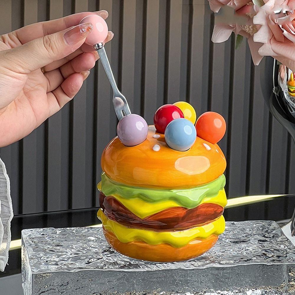 Creative Hamburg Fruit Fork Set Anti-scald Dessert Forks with Storage Jar  Kitchen Supplies