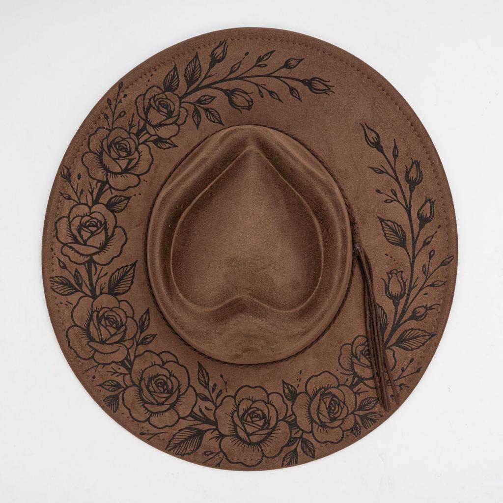 Source laser engraved suede top hat, rose pattern engraved woven fringed western cowboy hat