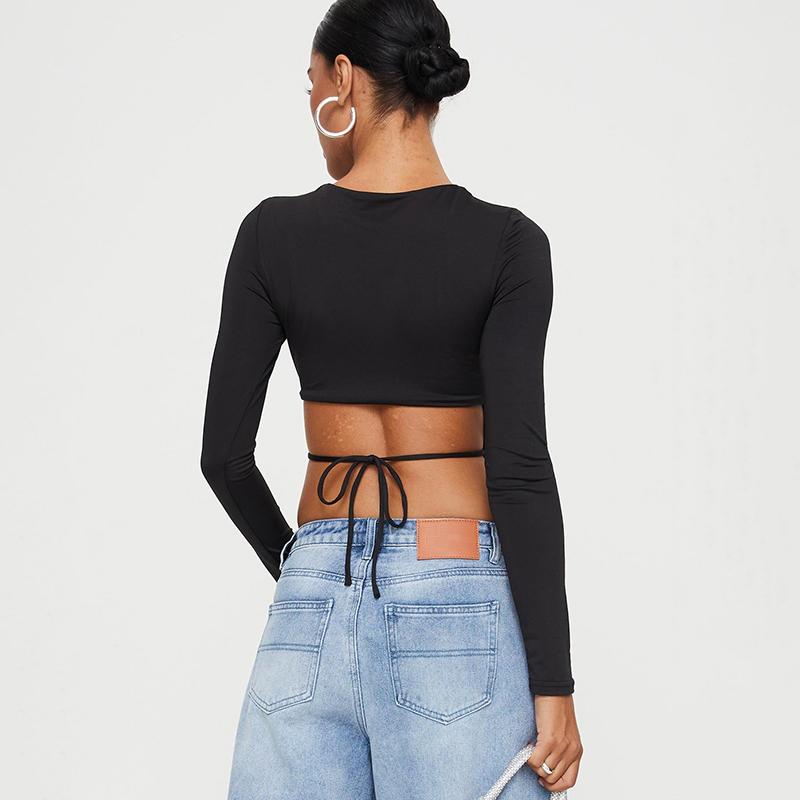 

Сексуальная мода с длинным рукавом черные женские футболки с открытой спиной элегантные шнурованные футболки женские облегающие базовые весенние и осенние уличные повседневные футболки топы 25553 L чёрный