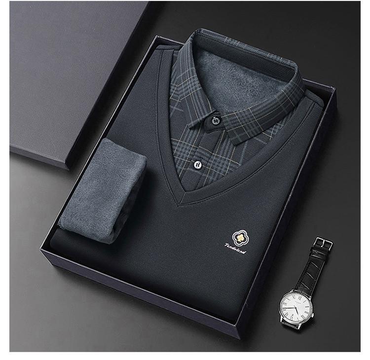 Men's Autumn/Winter Faux Two-Piece Fleece Polo Base Layer Shirt