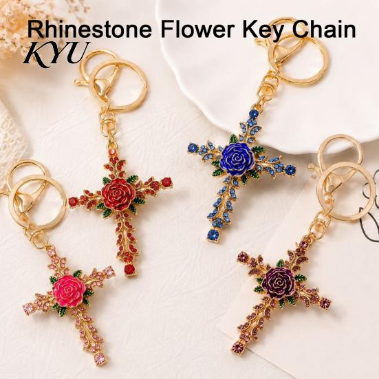 Decorative Rose Keychain Retro Rhinestone Keychain, Golden Plated Alloy Key Ring for Purse Charm Men Women, Pendant Handbags Backpacks Decoration Zinc