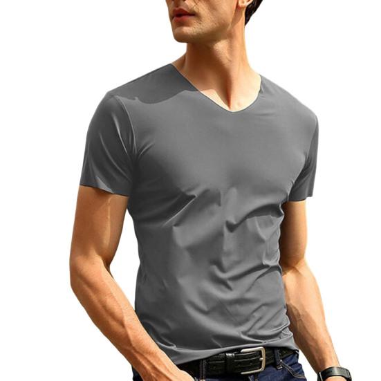 Men Summer T-shirt Solid Color Seamless Ice Silk V Neck Short Sleeves Soft Breathable Pullover Sports Business
