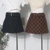 Women's High Waist Plaid Wool Skirt with Belt - Winter A-line Hip-Hugging Short Skirt