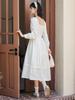 Elegantes französisches Retro-Hemdblusenkleid mit Puppenkragen - Damen, Langarm, Tailliert, Knielang