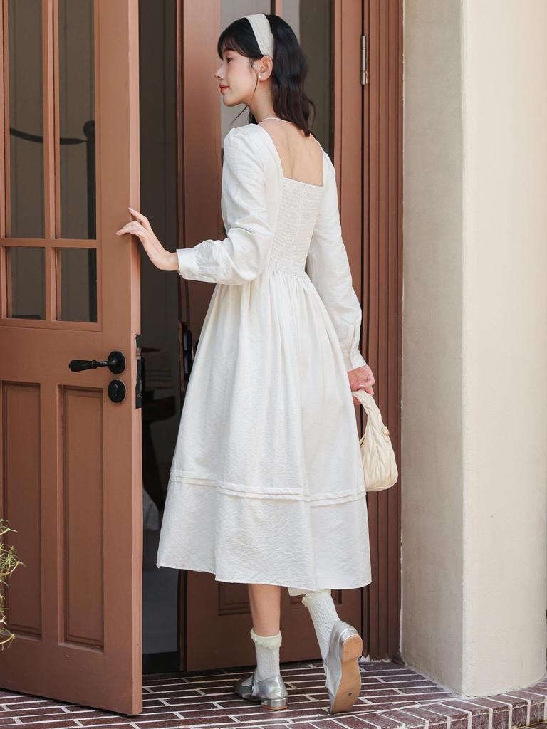 Elegantes französisches Retro-Hemdblusenkleid mit Puppenkragen - Damen, Langarm, Tailliert, Knielang
