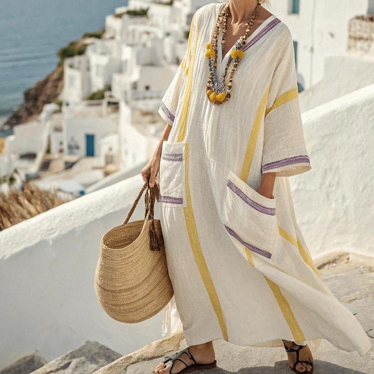 Summer Elegant Plus Size Kaftan Maxi Dress V Neck Half Sleeve Geometric Print Loose Fit Flowy Big Swing Casual Beach Vacation Holiday Long Dress