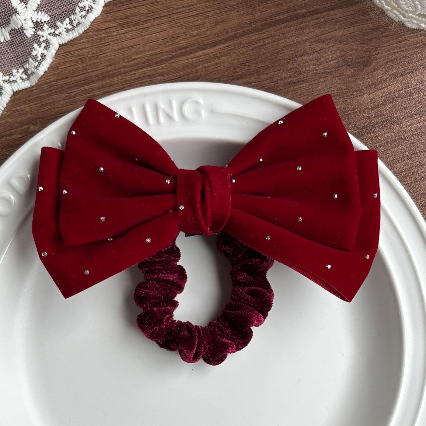 Children s Velvet Wine Red Bow Hair Ties - New Year Accessory for Girls Wine red + wine red hair tie A38
