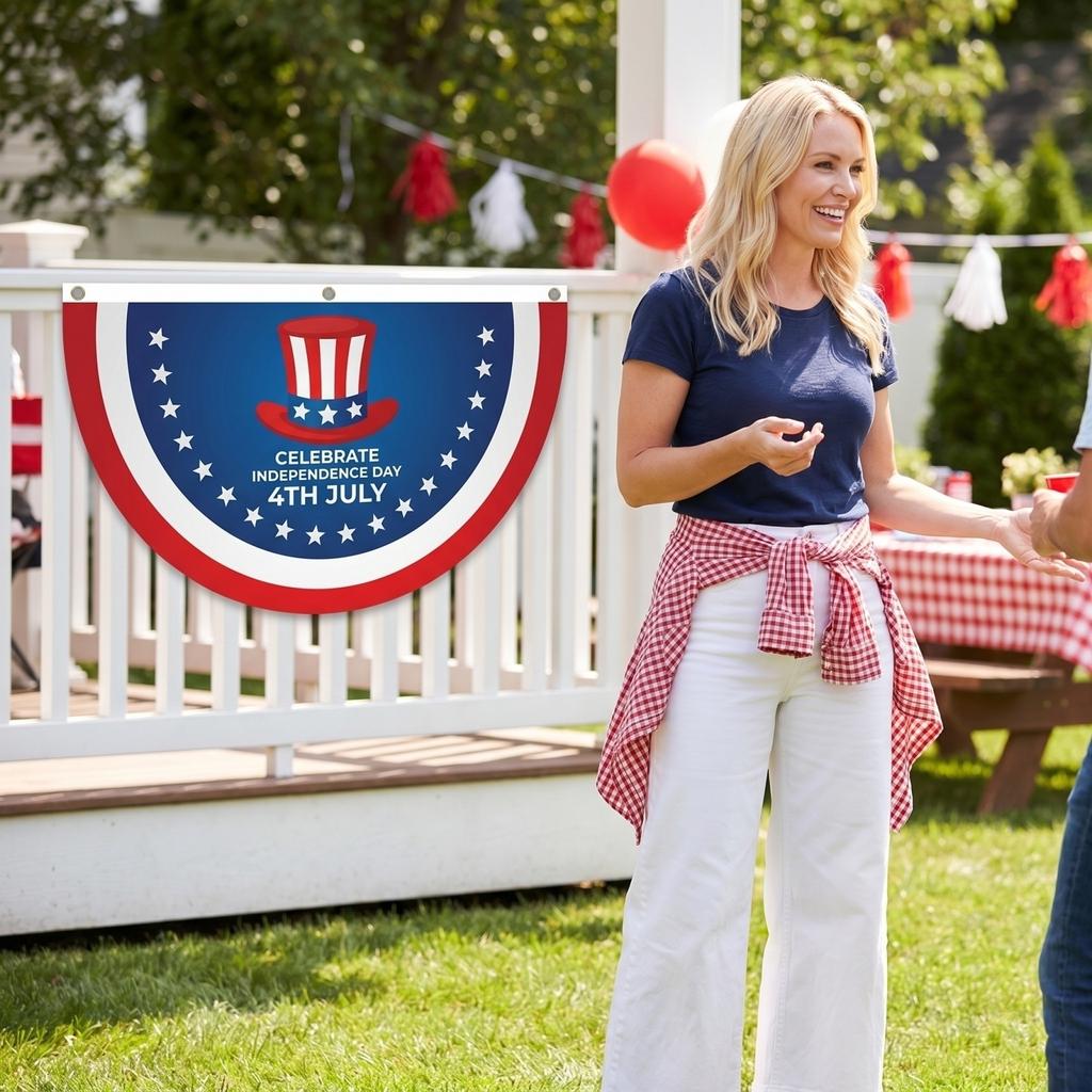 Patriotic Fan Shaped Hanging Flag for Outdoor Decorations 4th of July Celebration Polyester Material Durable Design for Garden and Party Use