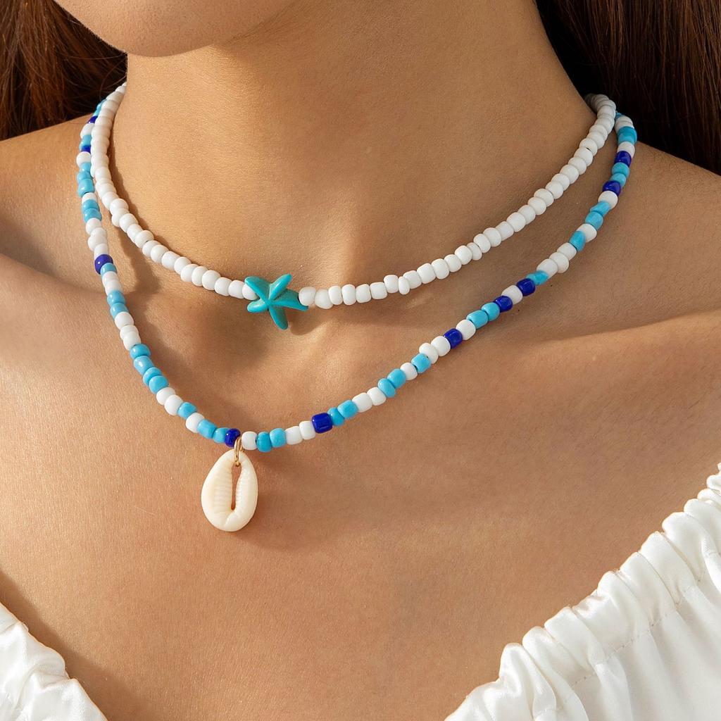 Layer Beaded Necklace Boho Style Handmade Seed Bead Choker Necklace 2pcs Starfish Cowrie Shell, Stacking Beach Jewelry