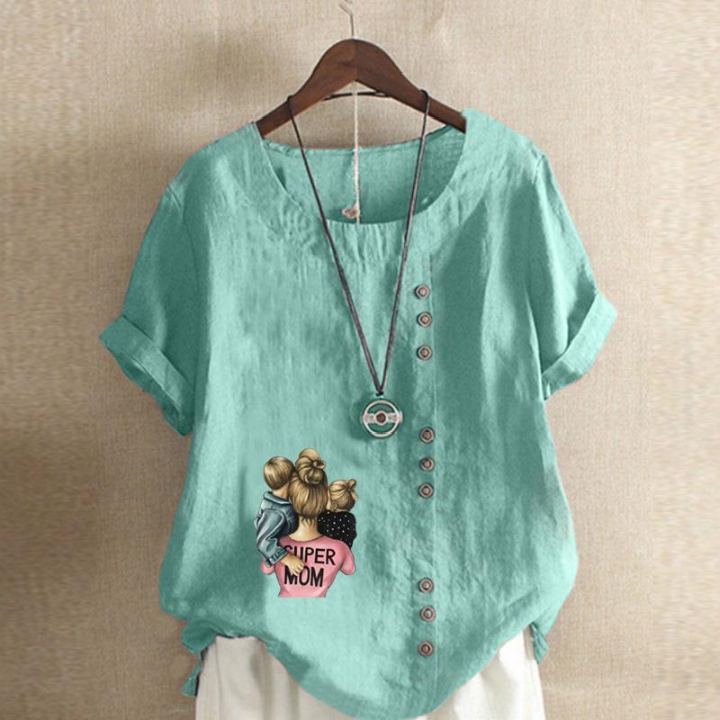 Women's New Fashion Linen Shirt Round Neck Short Sleeve Holding Children Pattern Printed T-shirt Summer Ladies Casual Plus Size Blouse Tops