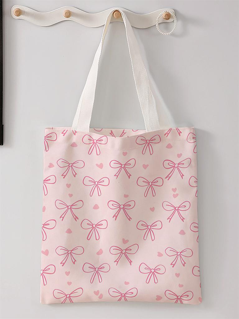 Bow Pattern Printed Casual Handbag, Reusable able Backpack, Multifunctional Handbag, Canvas Shopping Bag