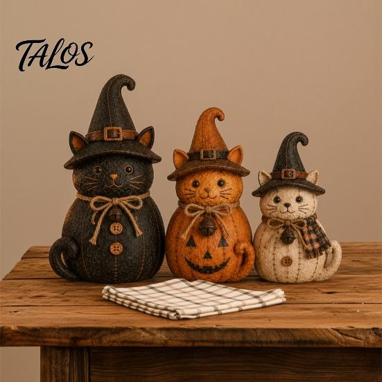 Indoor Autumn Room Ornaments 3Pcs Halloween Witch Cat Dog Statues, Resin Rustic Farmhouse Seasonal Home Soft Furnishings for Thanksgiving, Table