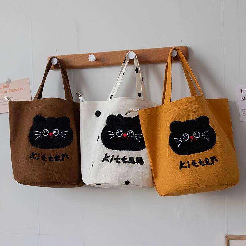 Women's Versatile Embroidered Canvas Tote Bag - Kitten Design, Handheld, Portable, Perfect for Moms or Lunch Storage