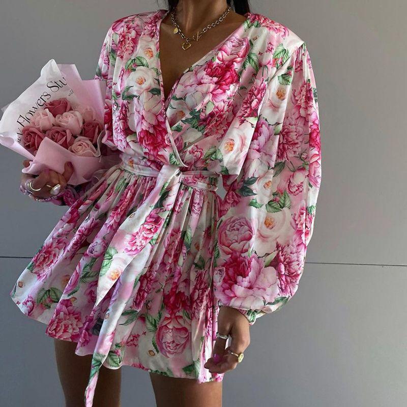 European and American Print Jumpsuit Women High Sense Drape V-neck Lace-up Waist Hugging Long sleeve Jumpsuit Shorts