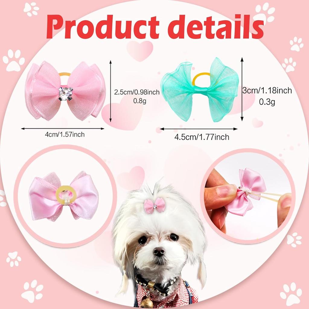 60PCS Pet Hair Bows, Puppy Dog Bows with Rubber Bands, 20pcs with Drills and 40 pcs Pure Yarn Handmade Pet Hair Grooming Attachments with Rubber