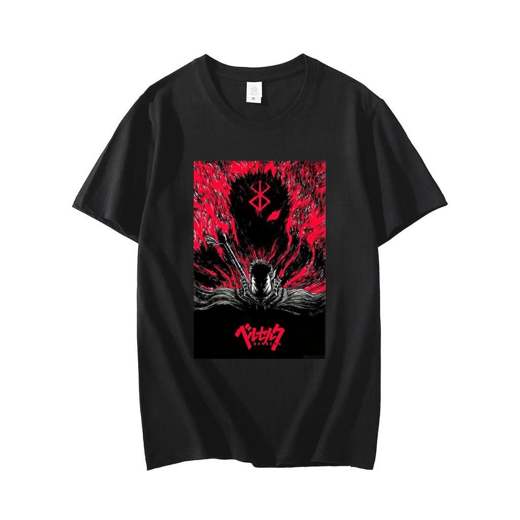 2026 New Arrival Berserk Anime Guts Print Black Cotton Short Sleeve Tshirt Adults Kids Casual Fans Tee Tops