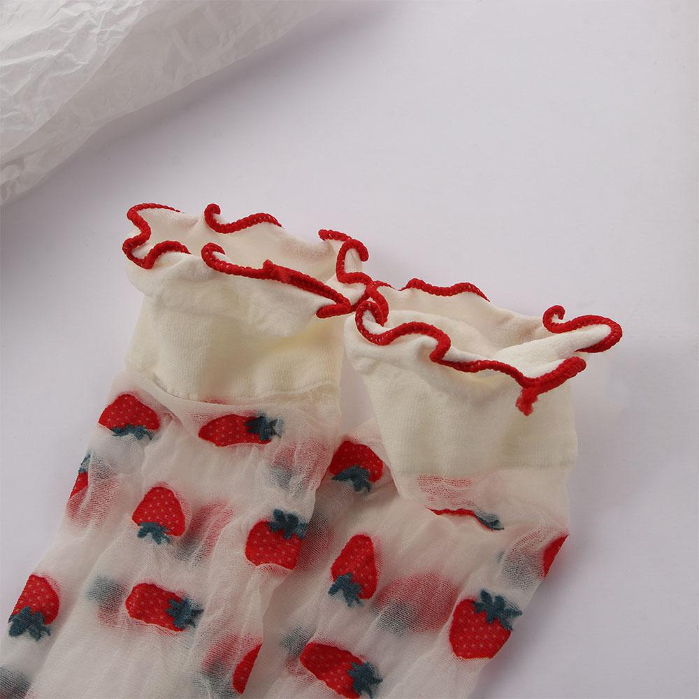 Transparent Girls Japanese Lace Strawberry Ruffles Tube Socks Lolita Socks Women Hosiery Cartoon