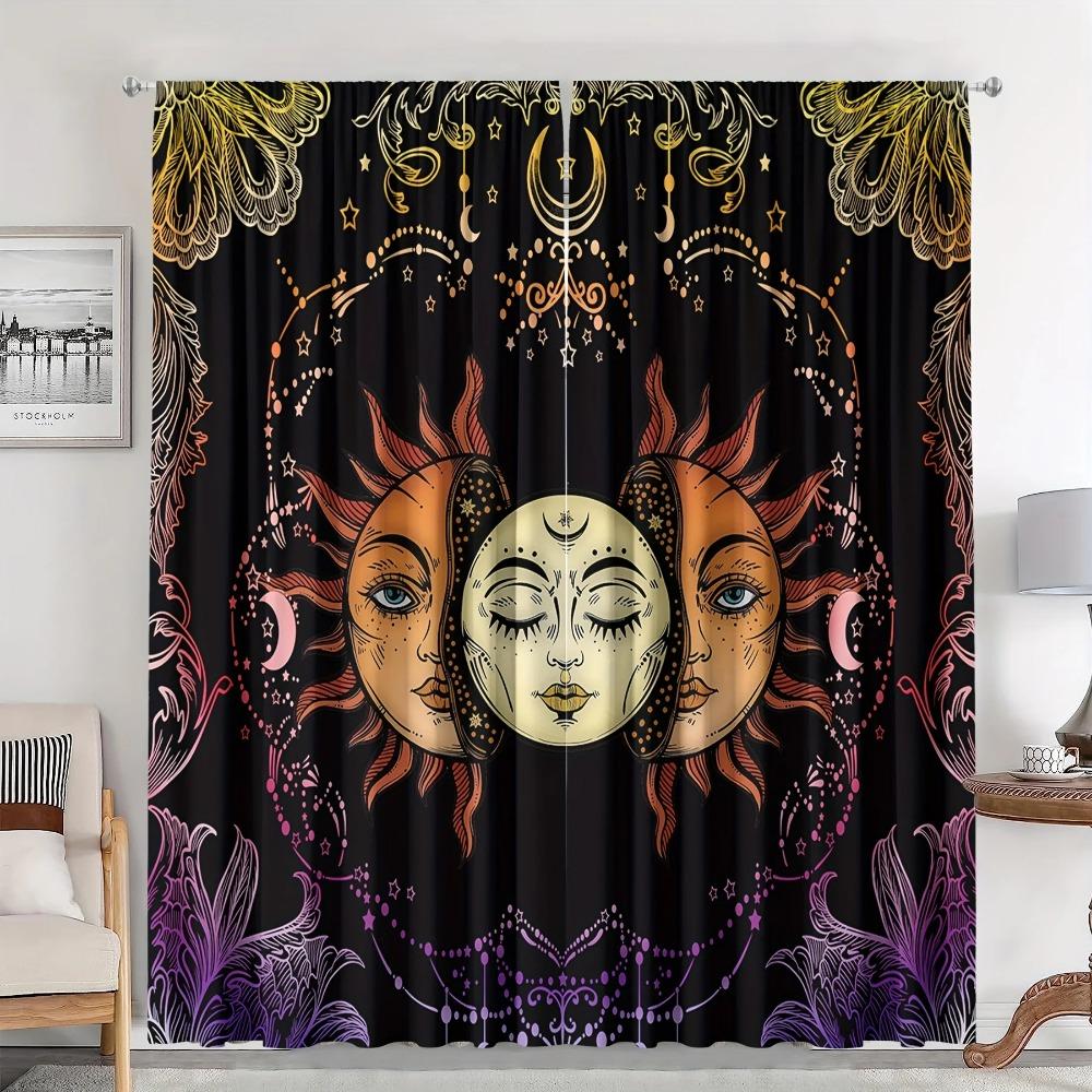 2pc Drapes Ebony Sun Face Printed Drape , Rod Pocket Drapes Ideal for Kitchen Cafe Livingroom Space Household Decoration Windowpane Shadecortinas