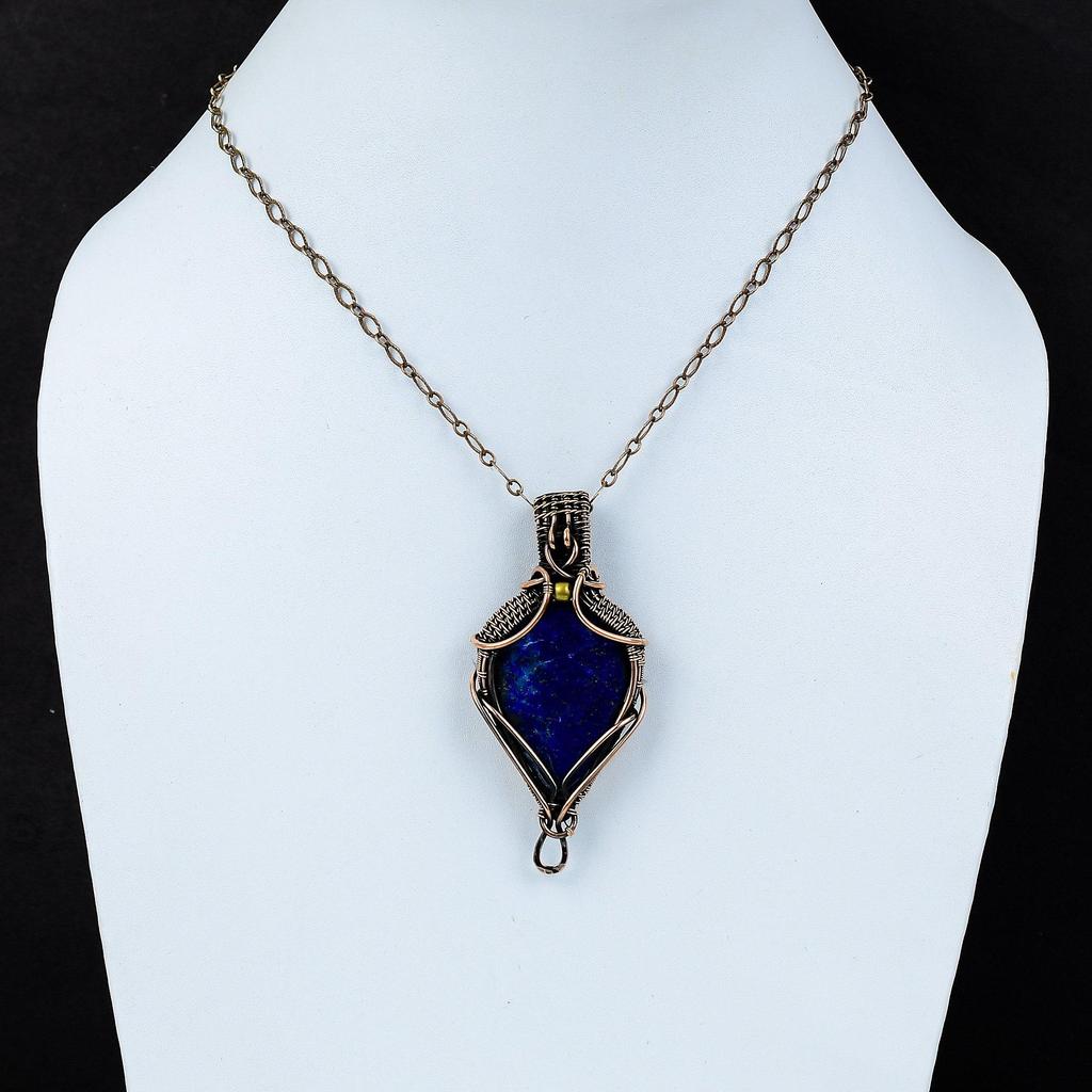 Lapis Lazuli Gemstone Pure Copper Wire Wrapped Handmade Pendant Jewelry